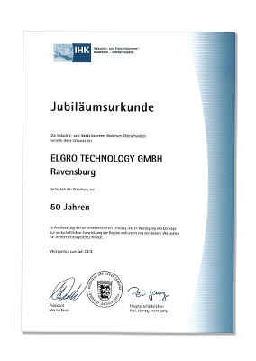 Jubiläumsurkunde ELGRO Technology GmbH